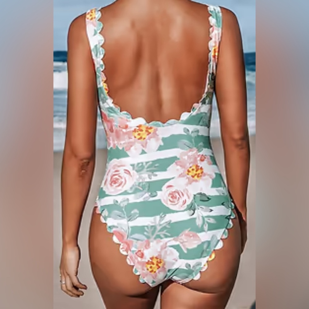 NWT!🎉 CUPSHE Floral and Striped Scalloped One Piece Swimsuit Size XL - Picture 11 of 16